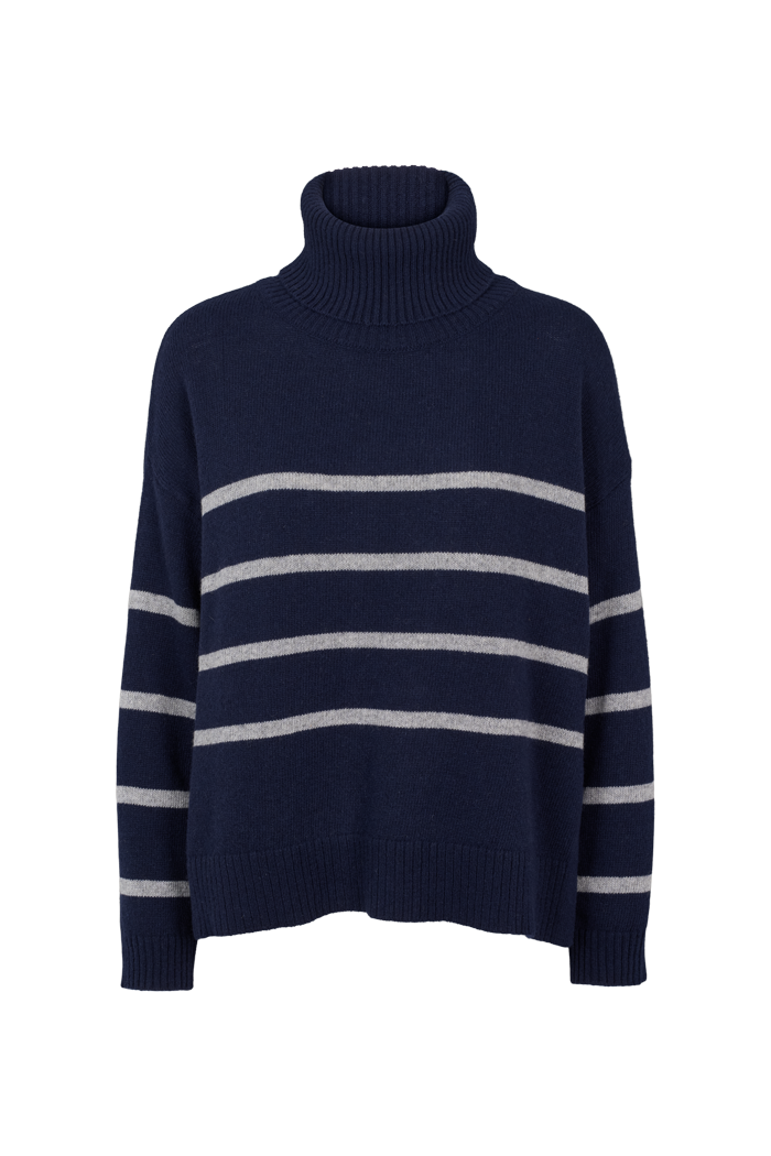 Basic Apparel Lise Striped T-Neck Sweaters 746 sky captain / light grey mel.